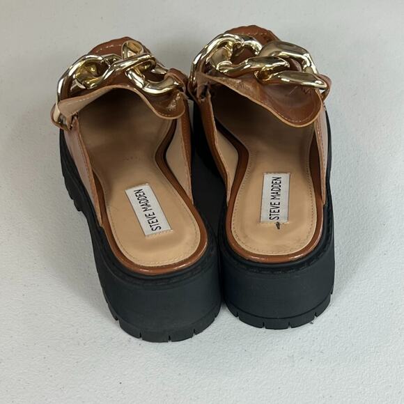 Steve Madden Loafer Women's Size 7.5 M MIRI Brown Glossy Slide Chunky Gold Chain - Picture 4 of 10